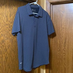 Mens Large BYLT Polo navy blue with grey/light blue polka dots.